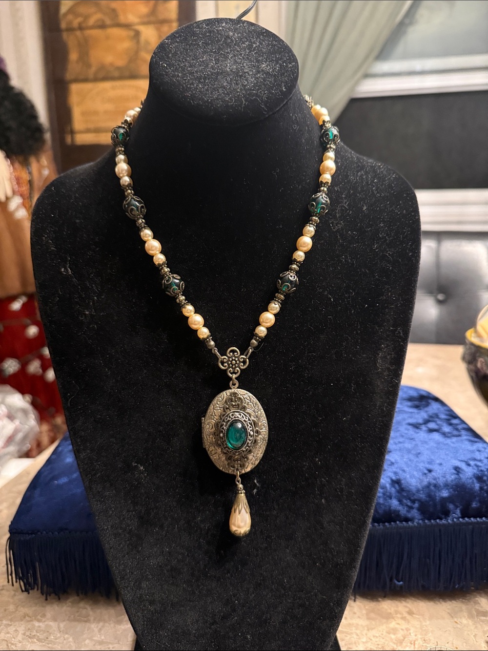 Rare gorgeous faux pearl and green glass, sun, moon, and star locket necklace